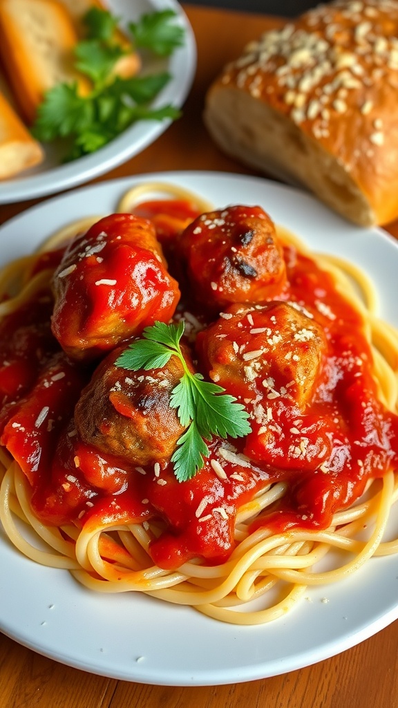 A delicious plate of spaghetti and meatballs with marinara sauce and parsley on a wooden table.